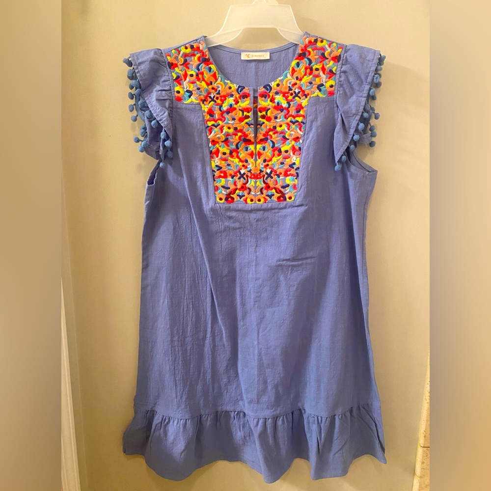 Kirundo Cabo embroidered shift dress women’s blue Pom Pom mini